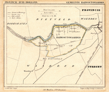 203071 Kaart van de gemeente Barwoutswaarder ten westen van Woerden.Met aanduiding van de gemeentegrens in kleur.